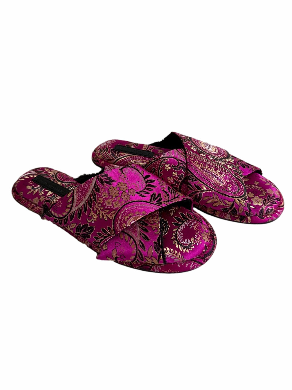 Banana Republic Fuschia Gold Black Paisley Slippers Size 8 Medium Faux Fur NEW